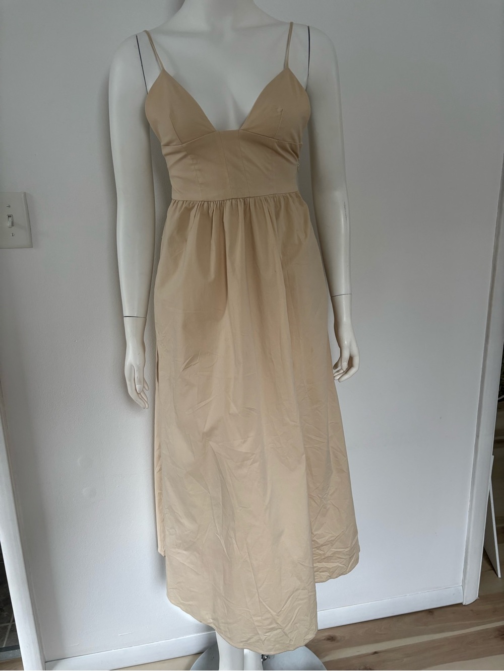 Zara Cream  Cotton Midi Slip Dress with Spaghetti Straps